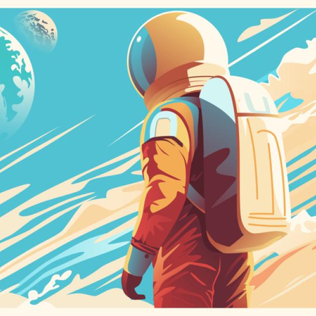 Ein Astronaut steht auf einem fremden Planeten und blickt ins All.