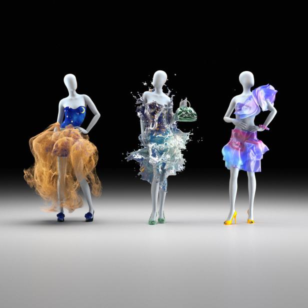 Drei Mannequins präsentieren Kleider aus Sternenstaub, Wasser und schimmernden Stoffen.