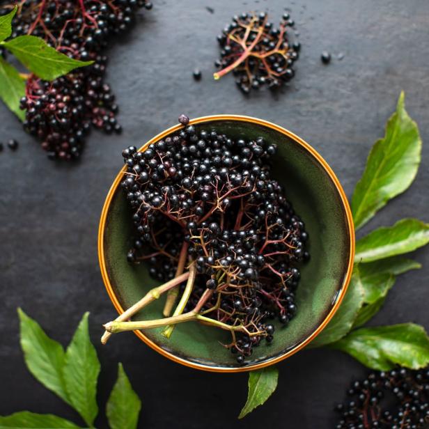 Beeren schwarzer Hollunder in Schale.