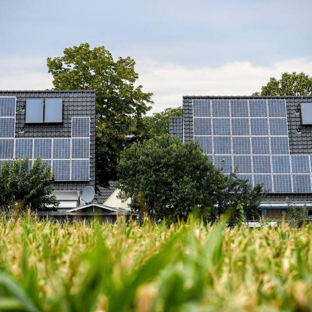 Einfamilienhäuser im Grünen mit Photovoltaikpaneelen am Dach