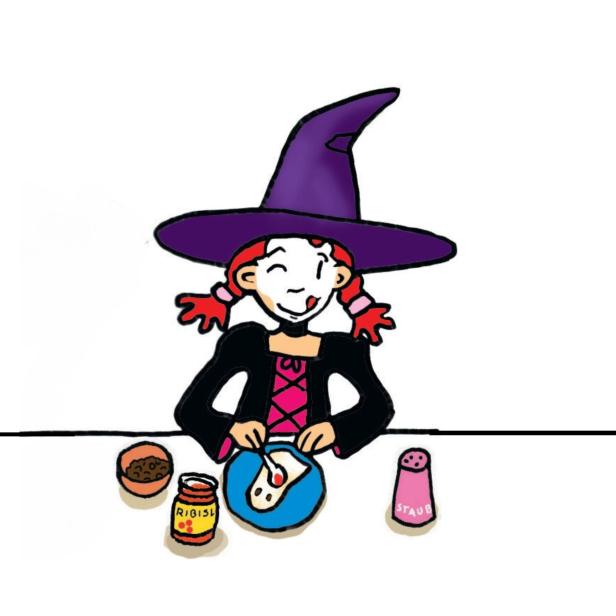 Eine kleine Hexe namens Lilli bäckt Gespensterplätzchen.