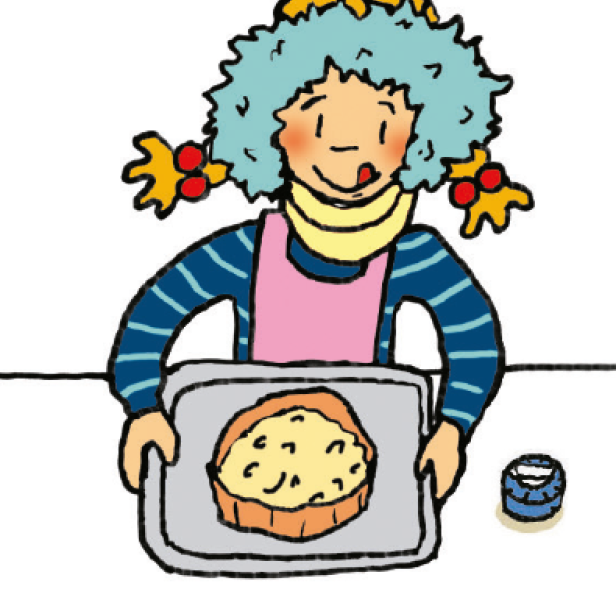 Ein Cartoon-Mädchen mit blauem Haar hält ein Backblech mit einem Kuchen.
