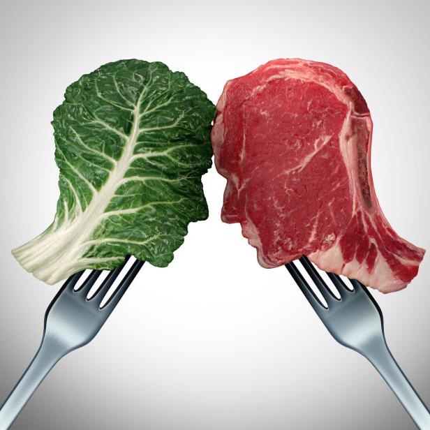 Ein Salatblatt und ein Stück rohes Fleisch, jeweils in Form eines Kopfes, stehen sich gegenüber.