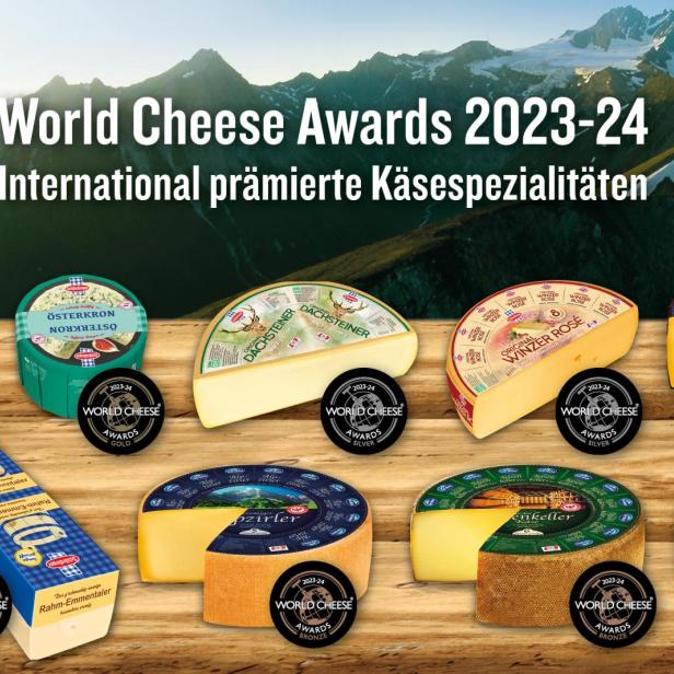 Verschiedene Käsesorten der Marken Schärdinger und Tirol Milch, ausgezeichnet bei den World Cheese Awards 2023-24.