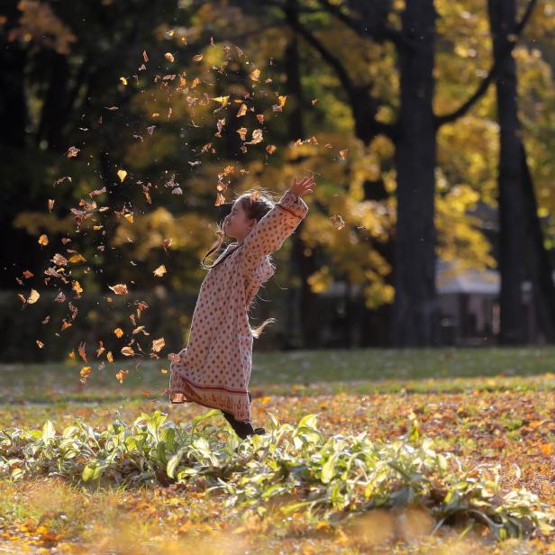 Ein Mädchen wirft im Herbstlaub Blätter in die Luft.