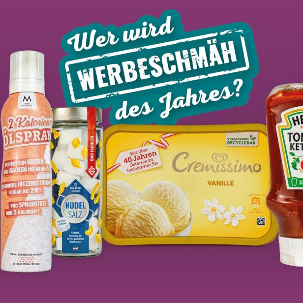 Verschiedene Lebensmittelprodukte, darunter Eis, Ketchup und Smoothie, werden für den „Werbeschmäh des Jahres?“ beworben.