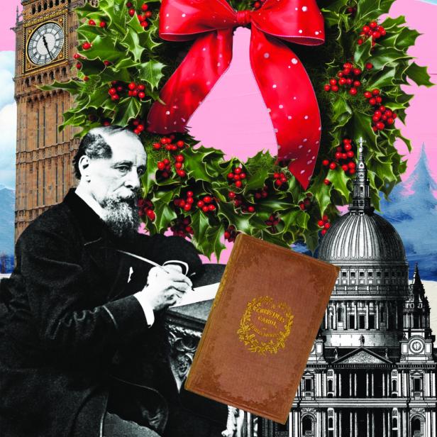 Eine Collage mit Charles Dickens, dem Big Ben, der St Paul's Kathedrale und einem Weihnachtskranz.