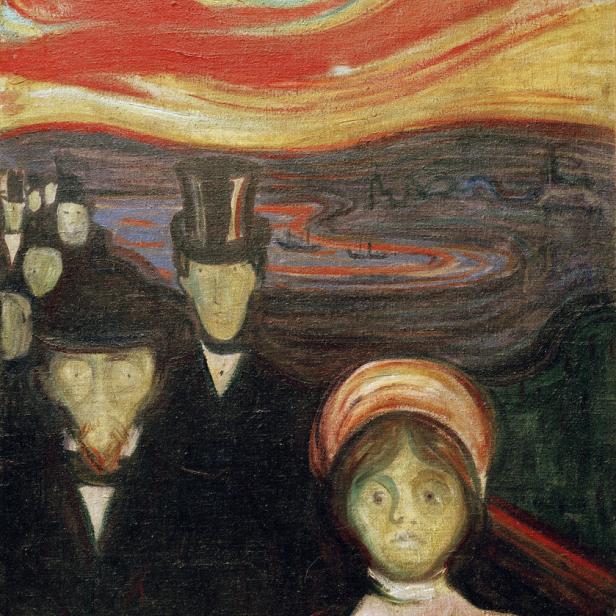 Das Gemälde „Melancholie“ von Edvard Munch zeigt eine Frau mit Männern unter einem roten Himmel.