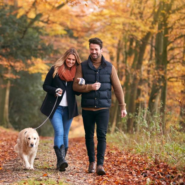 Ein Paar geht mit einem Golden Retriever durch einen herbstlichen Wald.