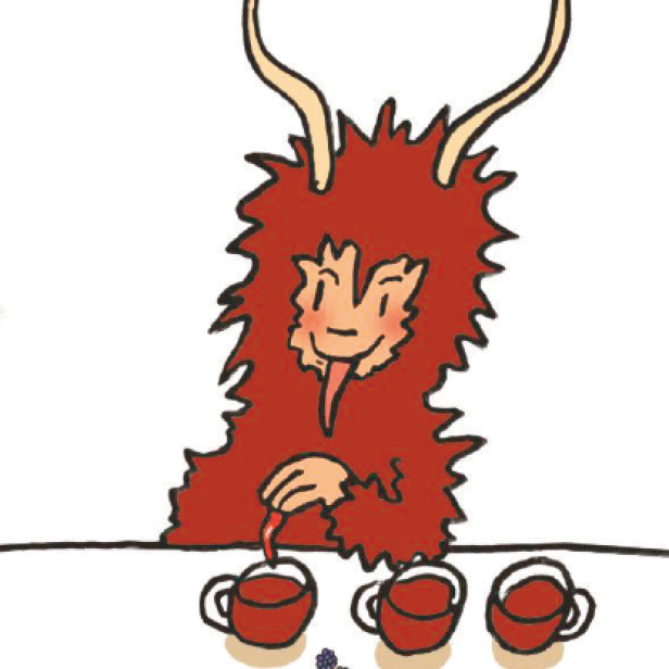 Ein Krampus bereitet Punsch mit Brombeeren zu.