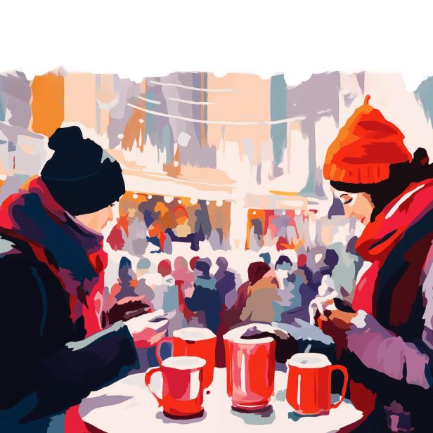 Zwei Personen stehen an einem Tisch mit Glühwein auf einem Weihnachtsmarkt und nutzen ihre Handys.