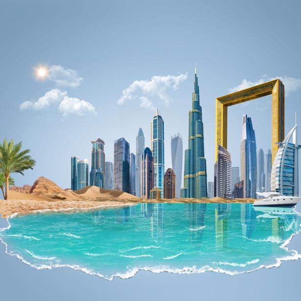 Eine Collage von Dubai mit Wolkenkratzern, Wüste, Meer und einem goldenen Rahmen.