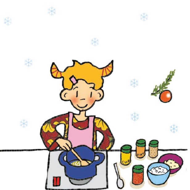 Ein Mädchen kocht Wintersuppe mit verschiedenen Gewürzen.