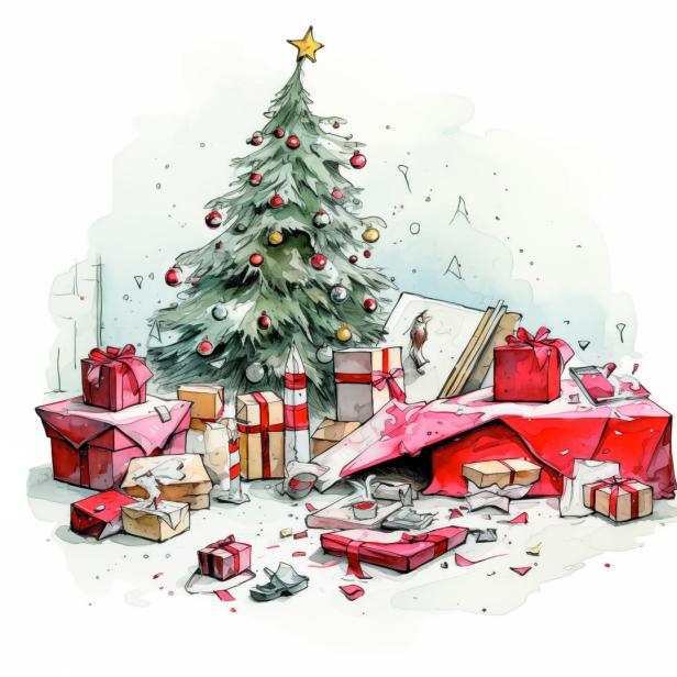 Ein Weihnachtsbaum steht neben einem Haufen geöffneter Geschenke.