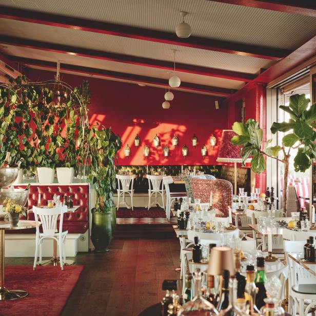 Ein elegant eingerichtetes Restaurant mit roten Wänden und vielen Pflanzen.