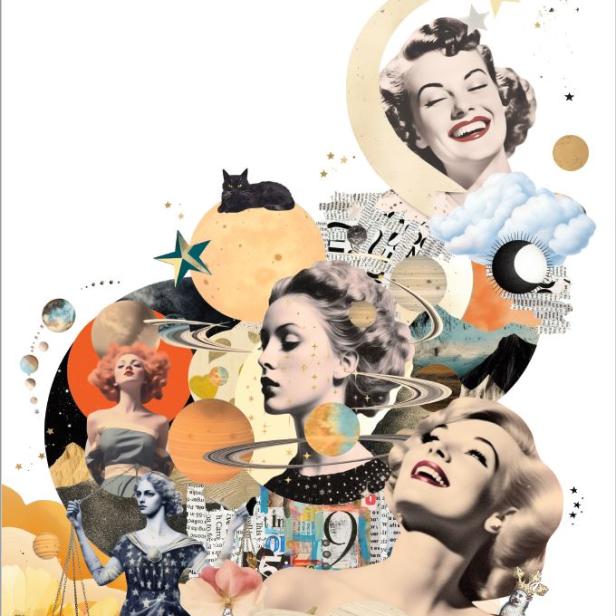 Eine Collage mit Frauenporträts, Planeten, Sternen und einer schwarzen Katze auf einem Mond.