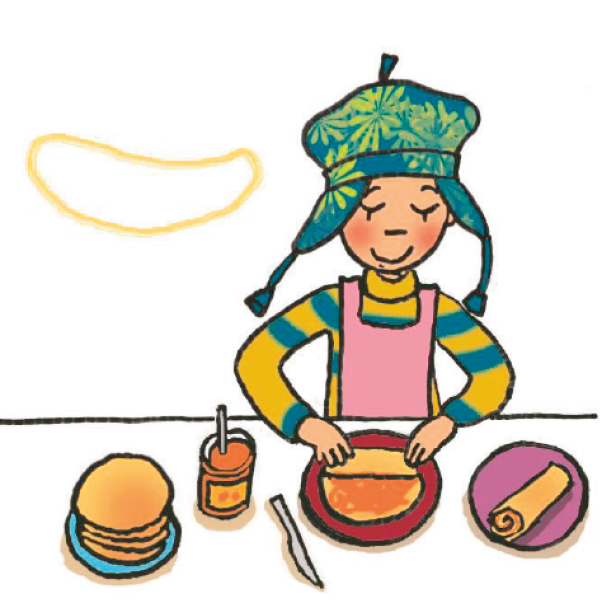 Eine Illustration zeigt ein Kind, das Pfannkuchen zubereitet.