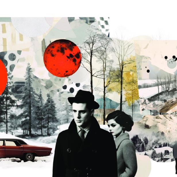 Eine Collage mit Paaren in Winterkleidung vor einer verschneiten Landschaft.