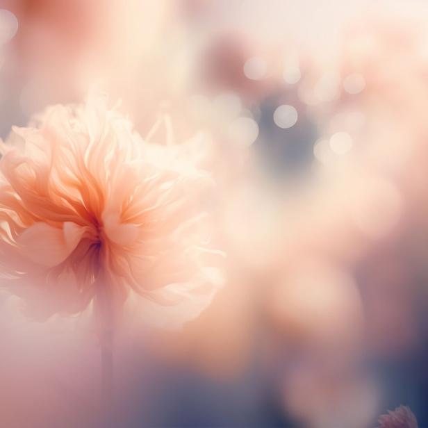 Eine Nahaufnahme einer zarten, pfirsichfarbenen Blume mit Bokeh-Effekt im Hintergrund.