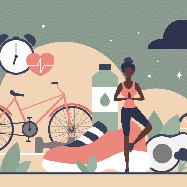 Eine Frau macht Yoga, umgeben von gesunden Lebensstil-Symbolen wie Fahrrad, Wasser und Obst.