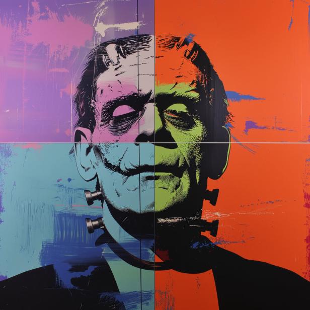 Ein Pop-Art-Porträt von Frankensteins Monster in vier Farbvarianten.