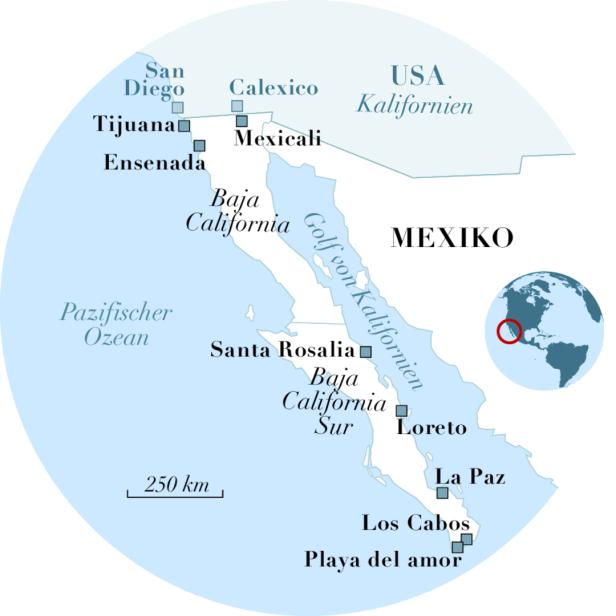 Eine Karte von Baja California, Mexiko, und dem angrenzenden Teil der USA, einschließlich Kalifornien.