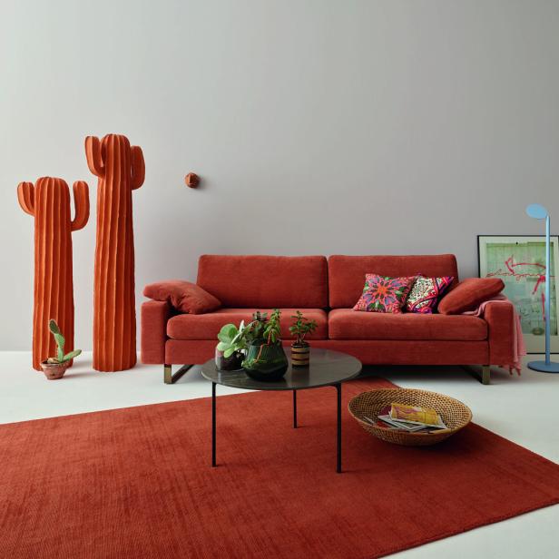 Ein Wohnzimmer mit einem orangefarbenen Sofa, einem Teppich und dekorativen Kaktusfiguren.