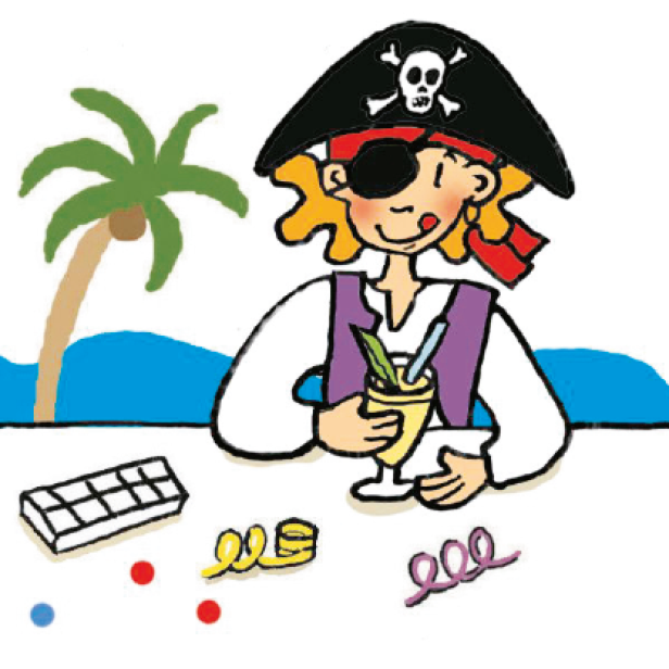 Eine Piratin mit Augenklappe genießt einen Cocktail am Strand.