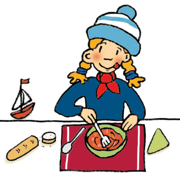 Ein gezeichnetes Mädchen im Matrosenlook isst eine Mahlzeit mit Brot und einem kleinen Segelboot im Hintergrund.