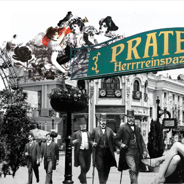 Eine Collage mit Elementen des Wiener Praters, darunter das Riesenrad und historische Figuren.