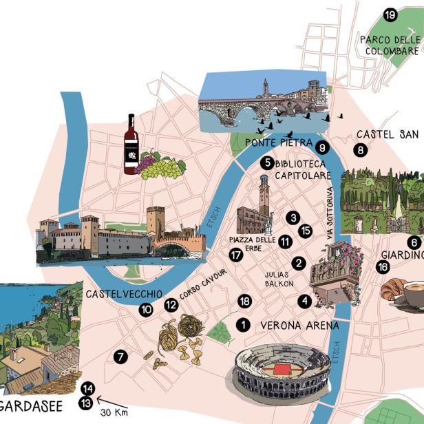 Eine illustrierte Karte von Verona, Italien, mit Sehenswürdigkeiten wie der Arena und dem Gardasee.