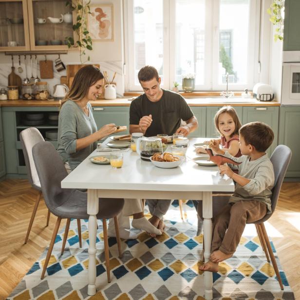 Eine Familie sitzt in einer Küche am Tisch und frühstückt gemeinsam.