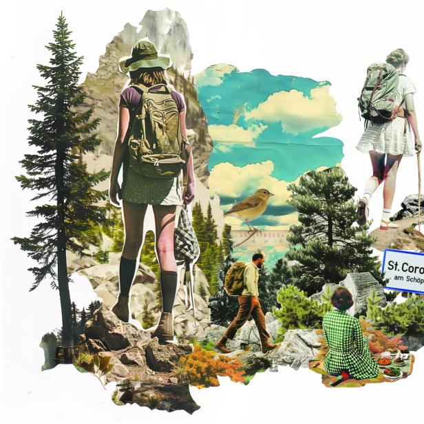 Eine Collage zeigt Wanderer in einer Waldlandschaft mit dem Schild „St. Corona am Schöpfl“.