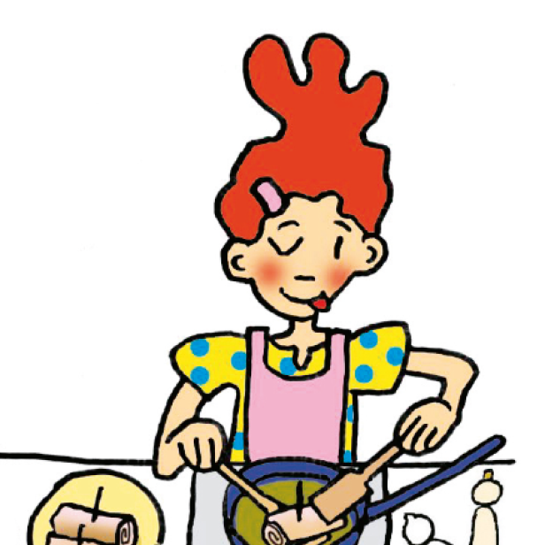 Eine Frau mit roten Haaren brät Pfannkuchen in einer Pfanne.