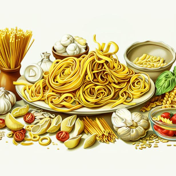 Ein Teller mit Pasta, umgeben von Zutaten wie Knoblauch, Tomaten und Olivenöl.
