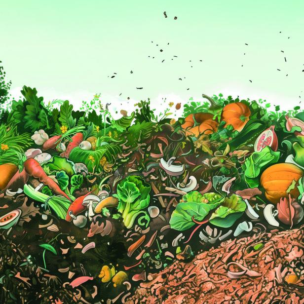 Eine Illustration eines Komposthaufens mit Gemüse, Blättern und Erde.