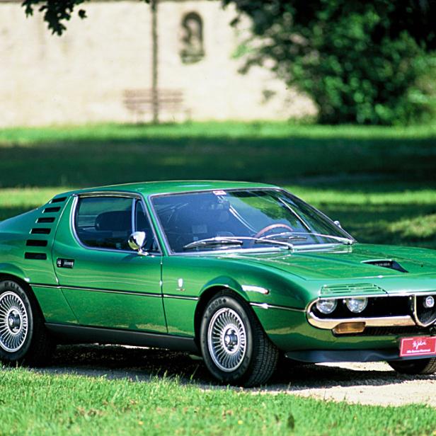 Ein grüner Alfa Romeo Montreal parkt auf einer Wiese.