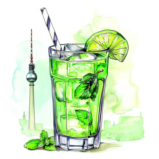 Ein Mojito mit Eis, Limette und Minze vor der Skyline von Berlin mit dem Fernsehturm.