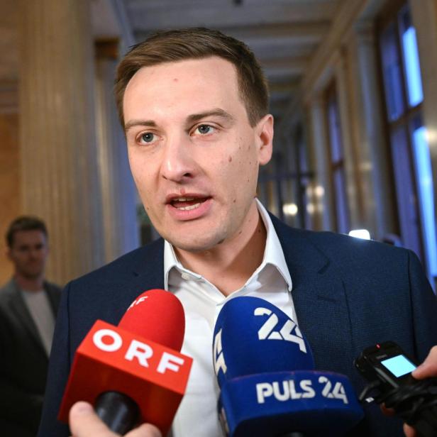 Ein Mann spricht in Mikrofone von ORF und Puls 24.