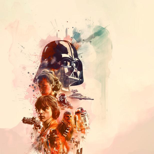 Eine künstlerische Darstellung von Charakteren und Elementen aus dem „Star Wars“-Universum.