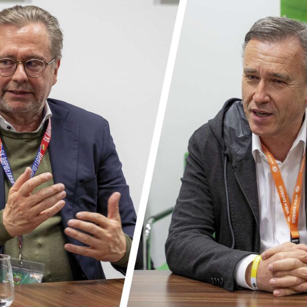 Alexander Wrabetz (l.) und Christian Jauk (r.) beim KURIER-Doppelinterview der Präsidenten von Rapid und Sturm