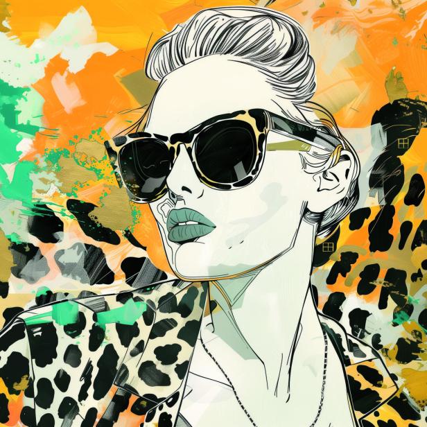 Eine Frau mit Sonnenbrille und einem Blazer mit Leopardenmuster vor abstraktem Hintergrund.