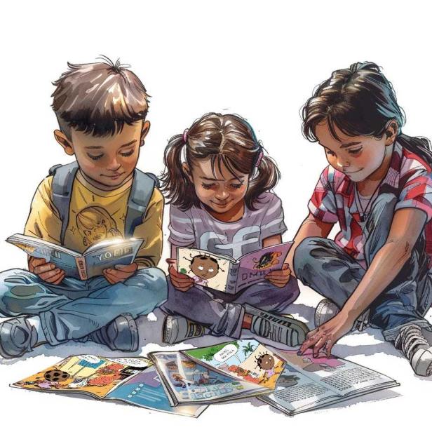 Drei Kinder sitzen am Boden und blättern interessiert durch Comic-Bücher.