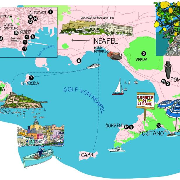Eine illustrierte Karte der Region um Neapel mit Sehenswürdigkeiten wie Pompeji und Capri.