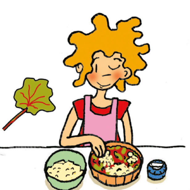 Eine Frau mit blonden Haaren bereitet eine Mahlzeit zu.
