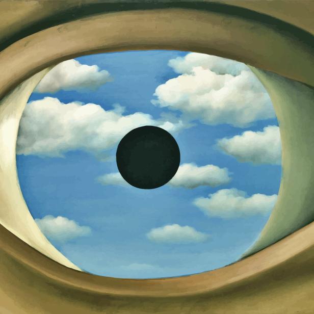 Das Gemälde „Der falsche Spiegel“ von René Magritte zeigt ein Auge, in dem sich ein Himmel mit Wolken spiegelt.