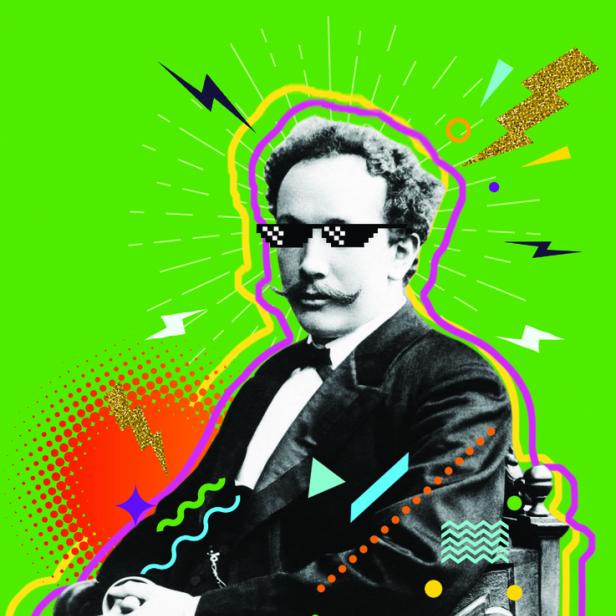 Ein Porträt von Richard Strauss mit Pixel-Sonnenbrille, umgeben von bunten Grafikelementen.