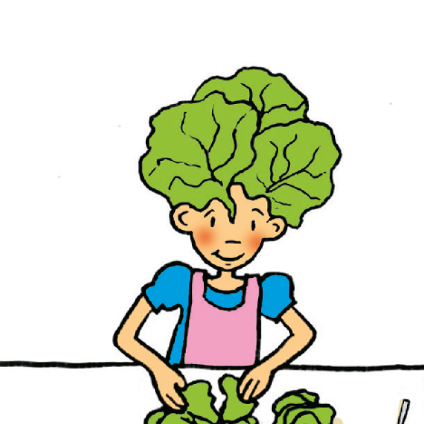 Eine Illustration von Lilli, die Salat zubereitet und selbst Salat als Haare trägt.