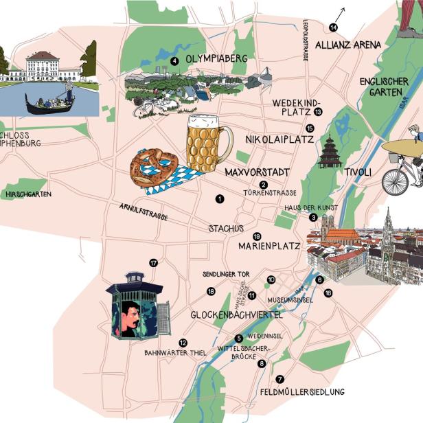 Eine illustrierte Karte von München mit Sehenswürdigkeiten wie dem Olympiaberg und Schloss Nymphenburg.