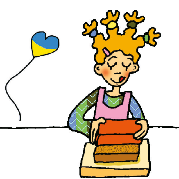 Ein Mädchen mit Zöpfen stapelt Blöcke; im Hintergrund ein Herzluftballon in den Farben der Ukraine.